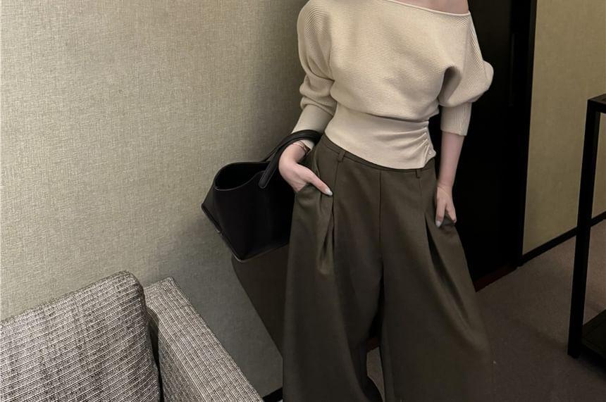 Cropped One-Shoulder Ruched Knit Top Product Image