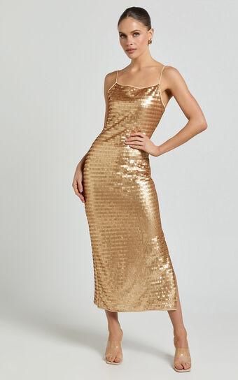 Niquita Midi Dress - Square Sequin Column Dress in Gold Product Image