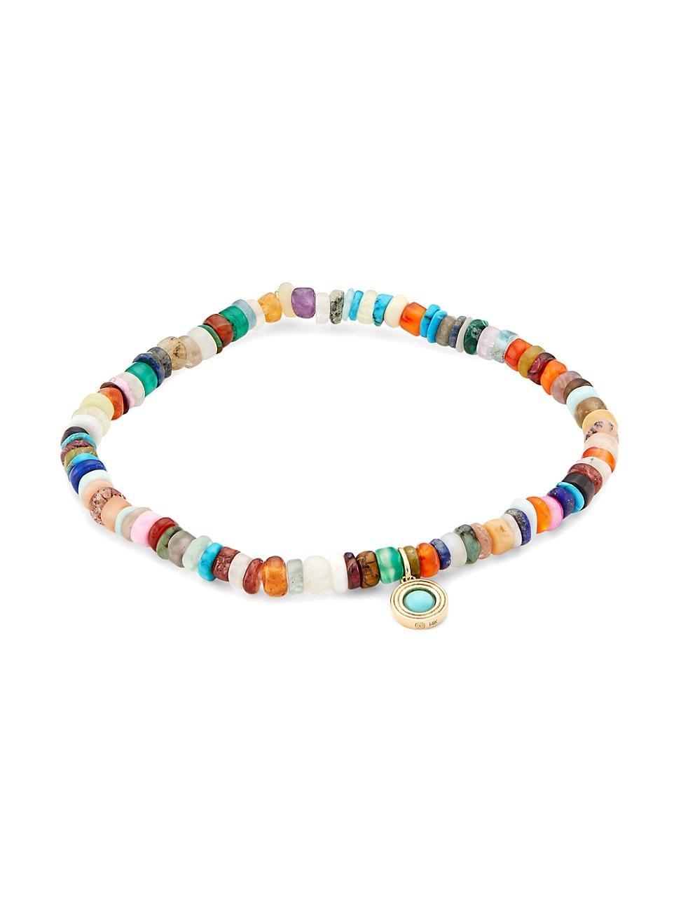 Womens 14K Yellow Gold, Rainbow Heishi Bead, & Turquoise Stretch Bracelet Product Image