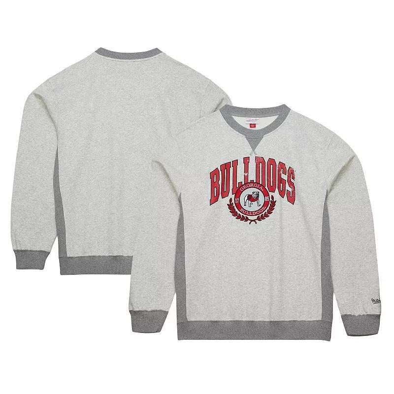 Mens Mitchell & Ness Heather Gray Georgia Bulldogs Arched Fleece Crewneck Pullover Sweatshirt Product Image