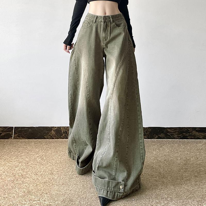 Low Waist Wide Leg Jeans With Seams Washed Print Product Image