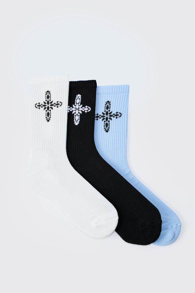 Mens Multi 3 Pack Cross Graphic Ribbed Socks, Multi Product Image