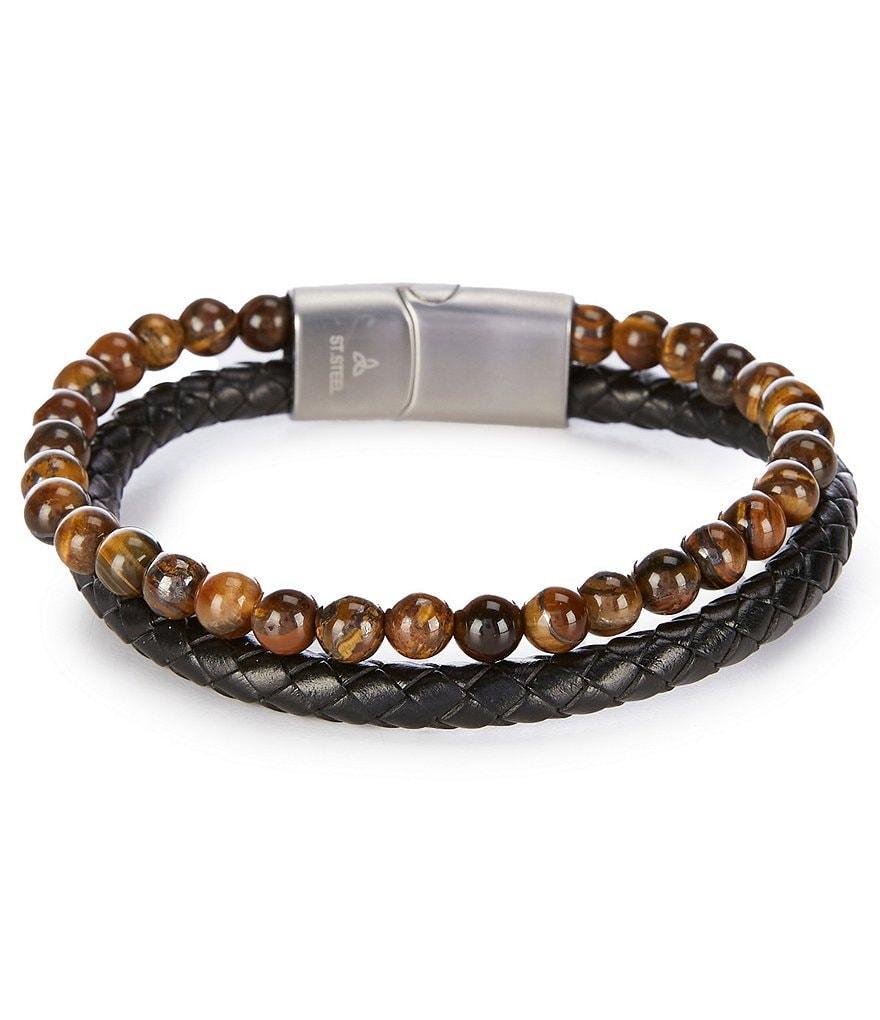 Murano Braided Leather/Tiger Eye Beaded Double Strand Bracelet Product Image