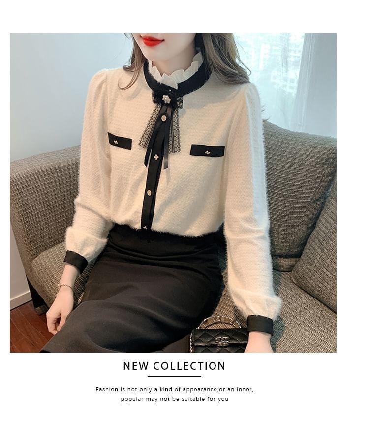 Long-Sleeve Stand Collar Bow Accent Contrast Trim Button-Up Blouse Product Image