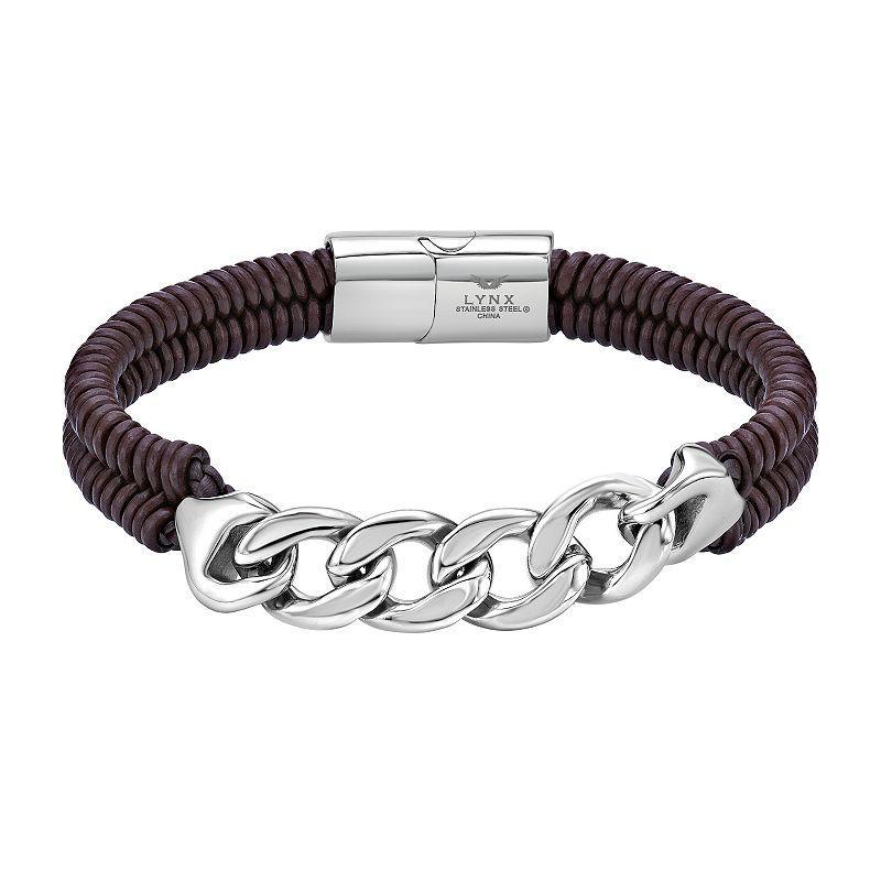 LYNX Mens Stainless Steel Curb Chain & Brown Leather Bracelet Product Image