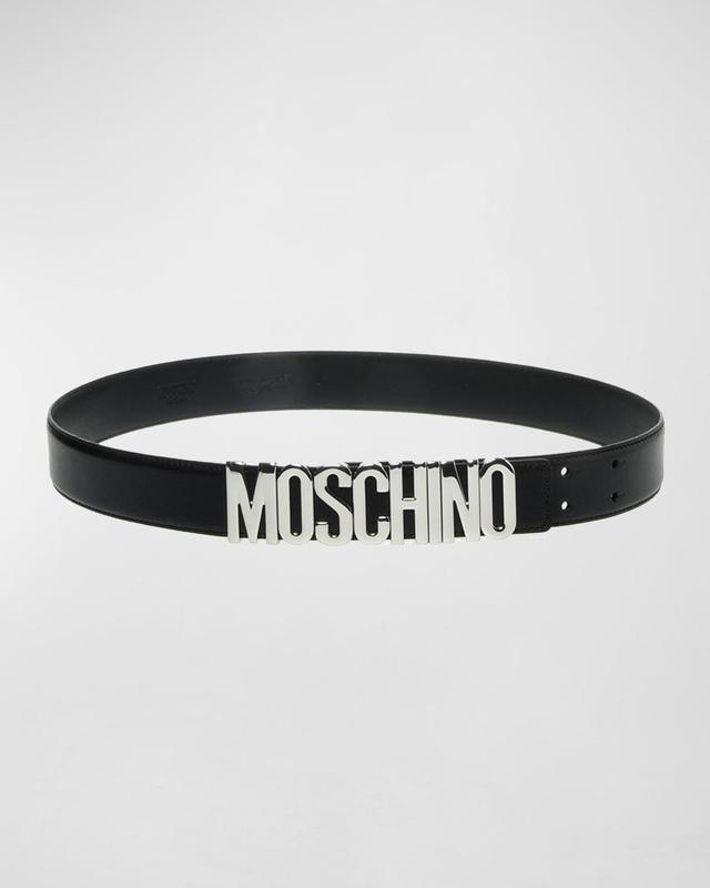 Moschino Men's Leather Logo Belt - Size: 40in / 100cm - BLACK/Silver Product Image