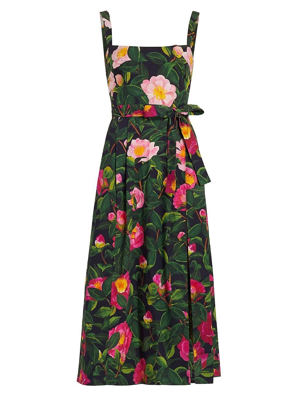 Oscar de la Renta Camellias Floral Bow Square Neck Stretch Cotton Poplin Dress Product Image