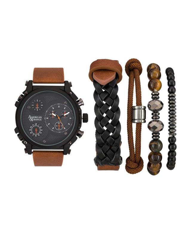 American Exchange Mens Quartz Dial Brown Leather Strap Watch, 48mm and Assorted Stackable Bracelets Gift Set, Set of 5 Product Image