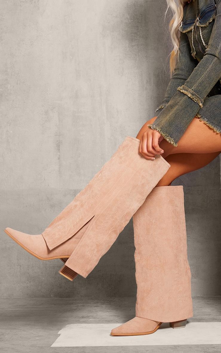 Beige Faux Suede Point Toe Fold Over Split Hem Knee High Western Boots product image