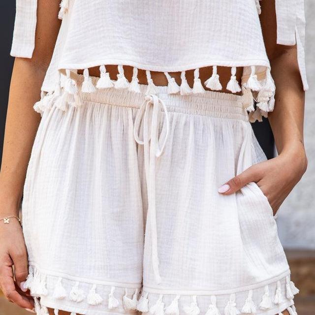 Chasing The Tides Cream Shorts With Fringe FINAL SALE Product Image