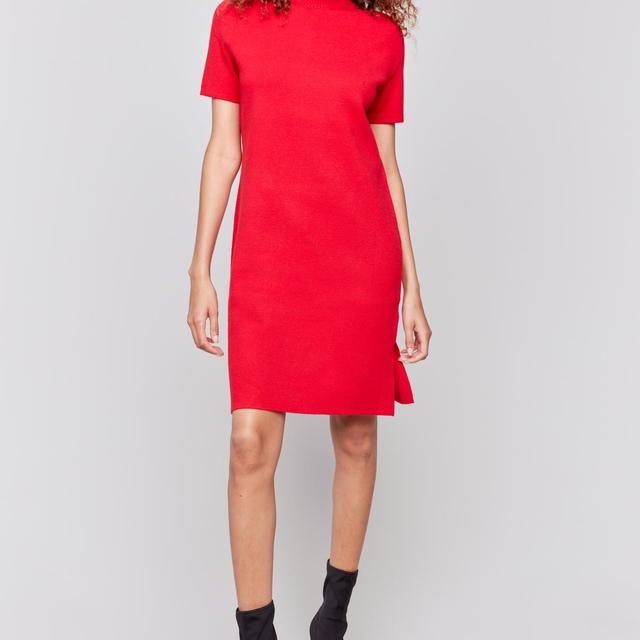 Mock Neck Short Sleeve Sweater Dress with Side Slits Product Image