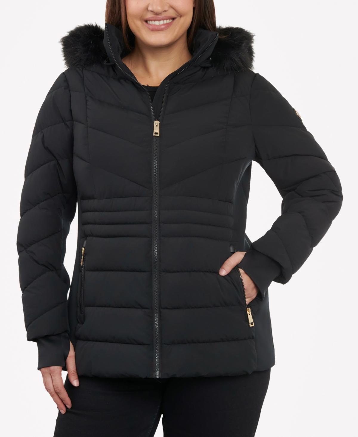 Michael Michael Kors Womens Plus Size Faux-Fur-Trim Hooded Puffer Coat, Created for Macys Product Image