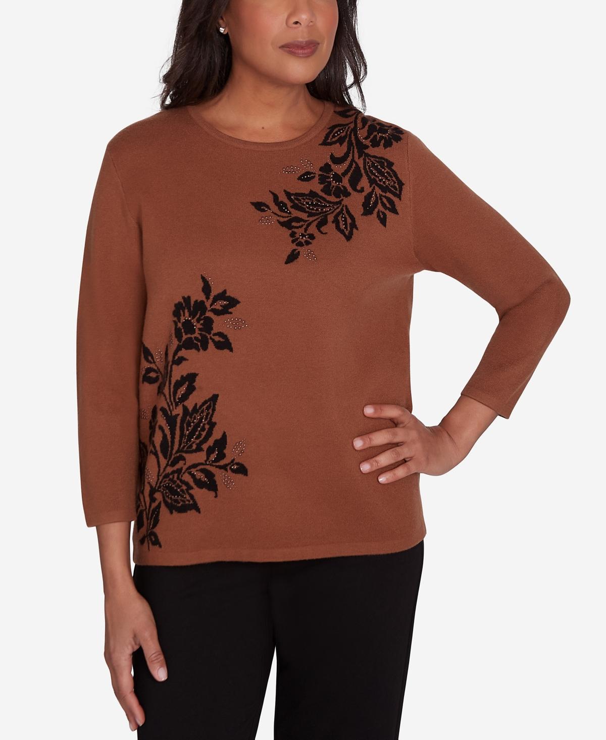 Womens Alfred Dunner Floral Embroidery Top With Three Quarter Sleeves Product Image