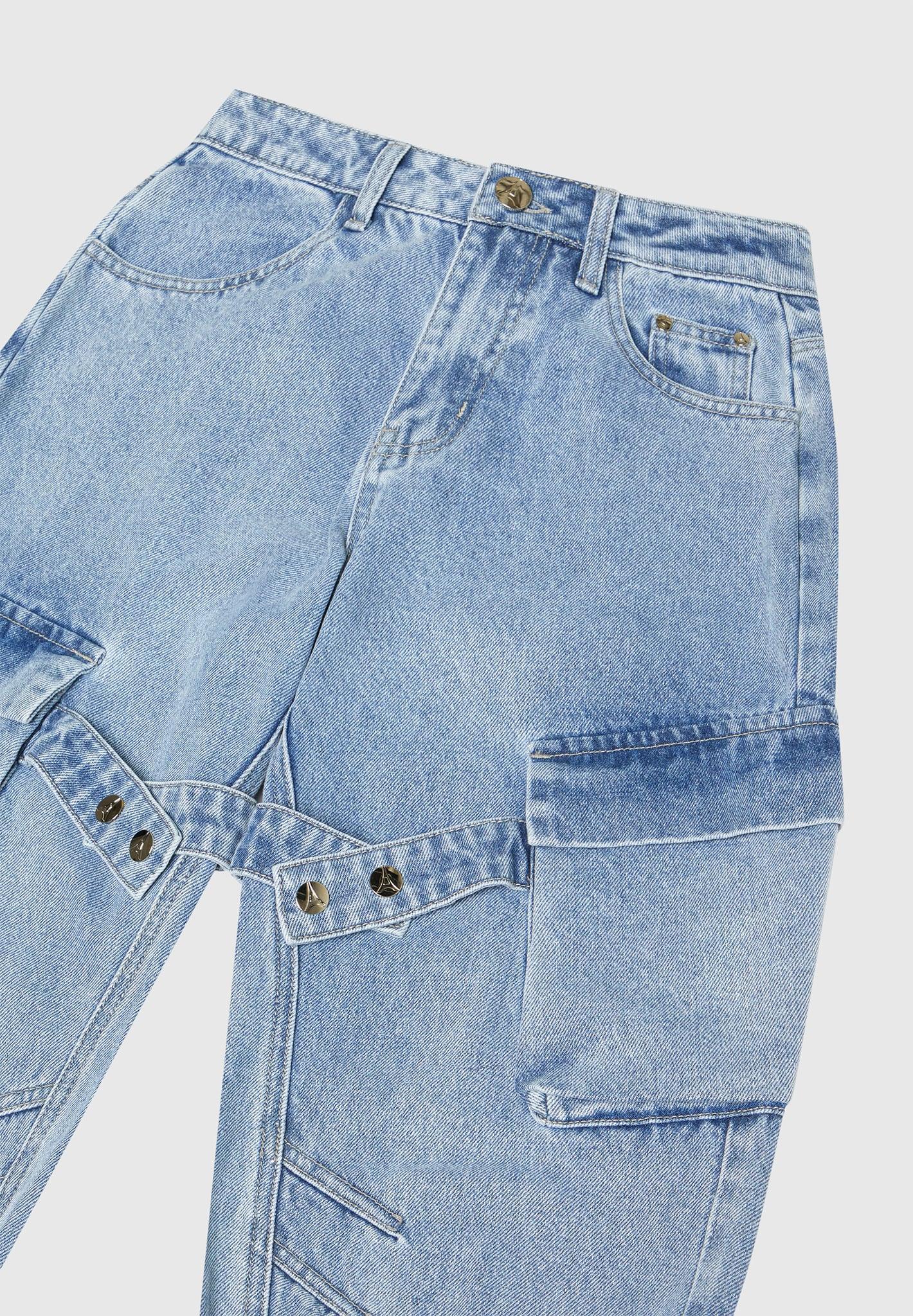 Strap Detail Cargo Jeans - Mid Blue Female Product Image