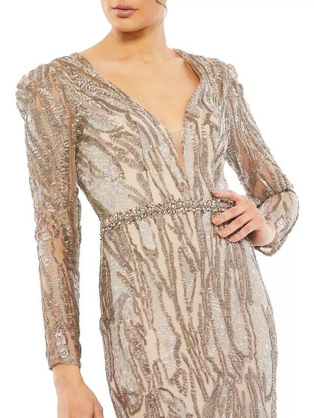 Embellished Long-Sleeve Plunge-Neck Trumpet Gown Product Image