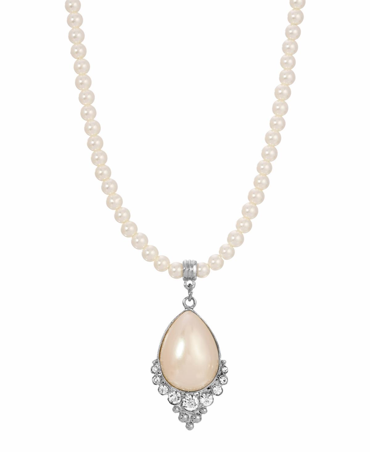 1928 Silver Tone Simulated Crystal and Pearl Teardrop Necklace, Womens, White Product Image