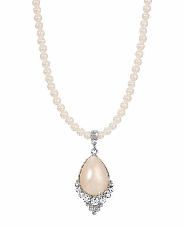 1928 Silver Tone Simulated Crystal and Pearl Teardrop Necklace, Womens, White Product Image