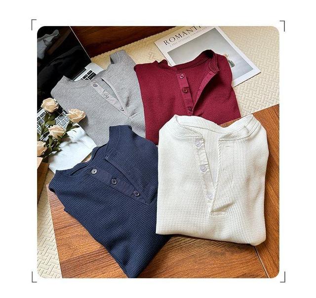 Long-Sleeve Henley Plain T-Shirt Product Image