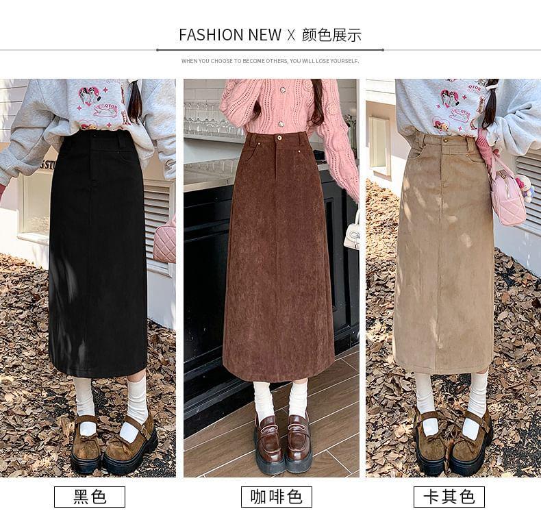 High Waist Corduroy Midi A-Line Skirt Product Image