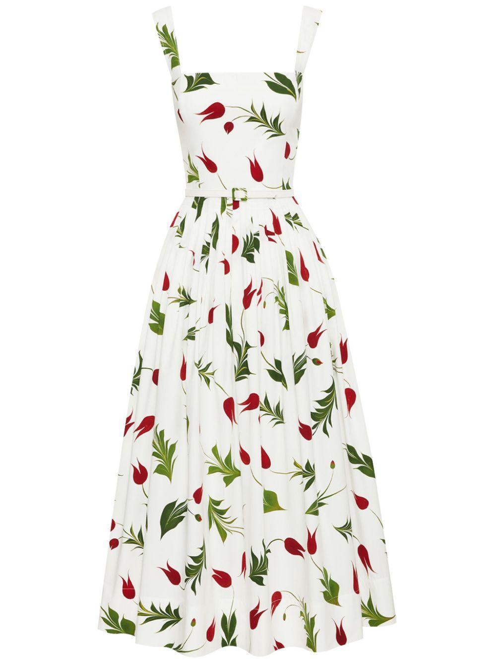 OSCAR DE LA RENTA Marbled Tulip Cotton Poplin Dress In White Multi Product Image