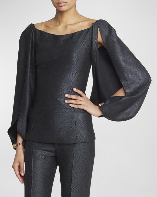 Beaded Blouson Slit-Sleeve Armoured Silk Wool Blouse Product Image