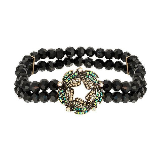 1928 Gold Tone Iridescent Glass Stone Wreath and Black Bead Bracelet, Womens Product Image