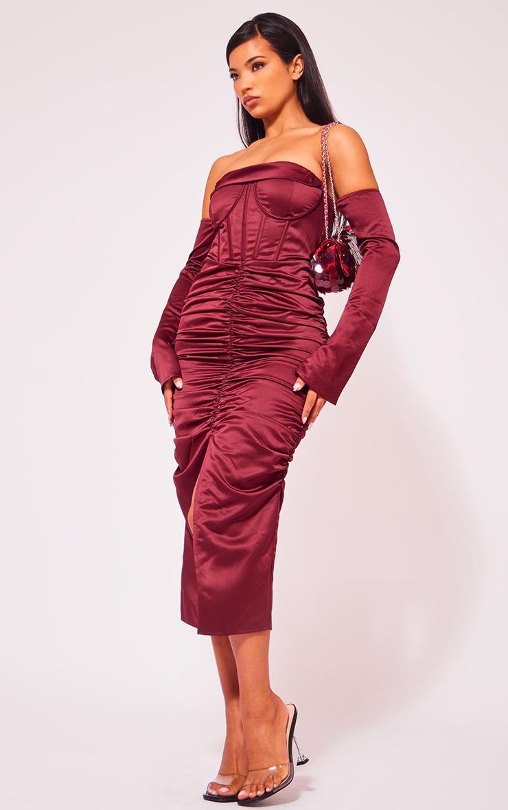 Cherry Red Premium Constructed Satin Draped Front Midi Dress Product Image