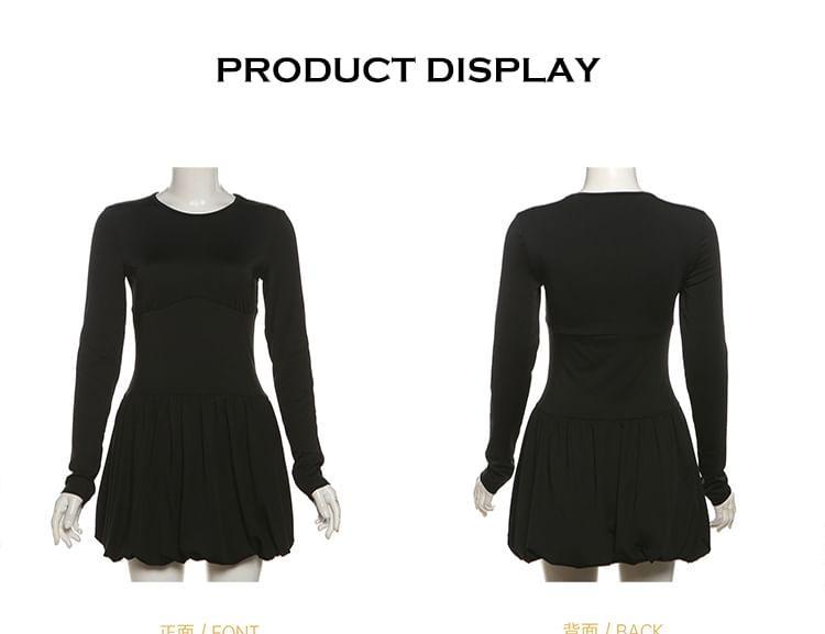 Long-Sleeve Crew Neck Plain Mini A-Line Dress Product Image