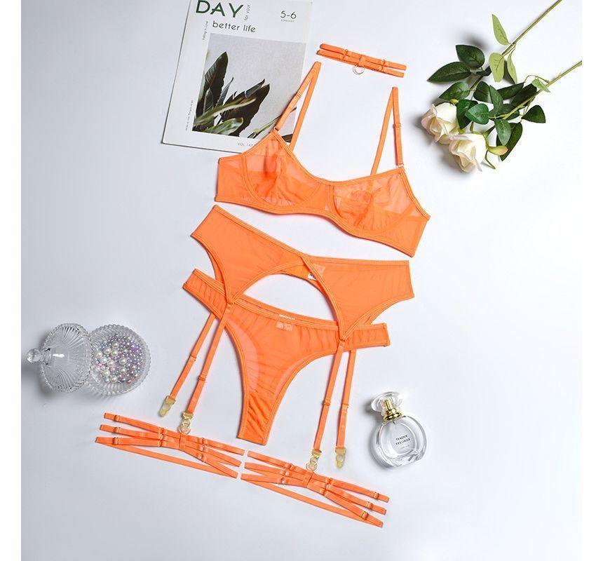 Lingerie Set: Plain Sheer Bralette + Thongs + Garter + Choker Product Image