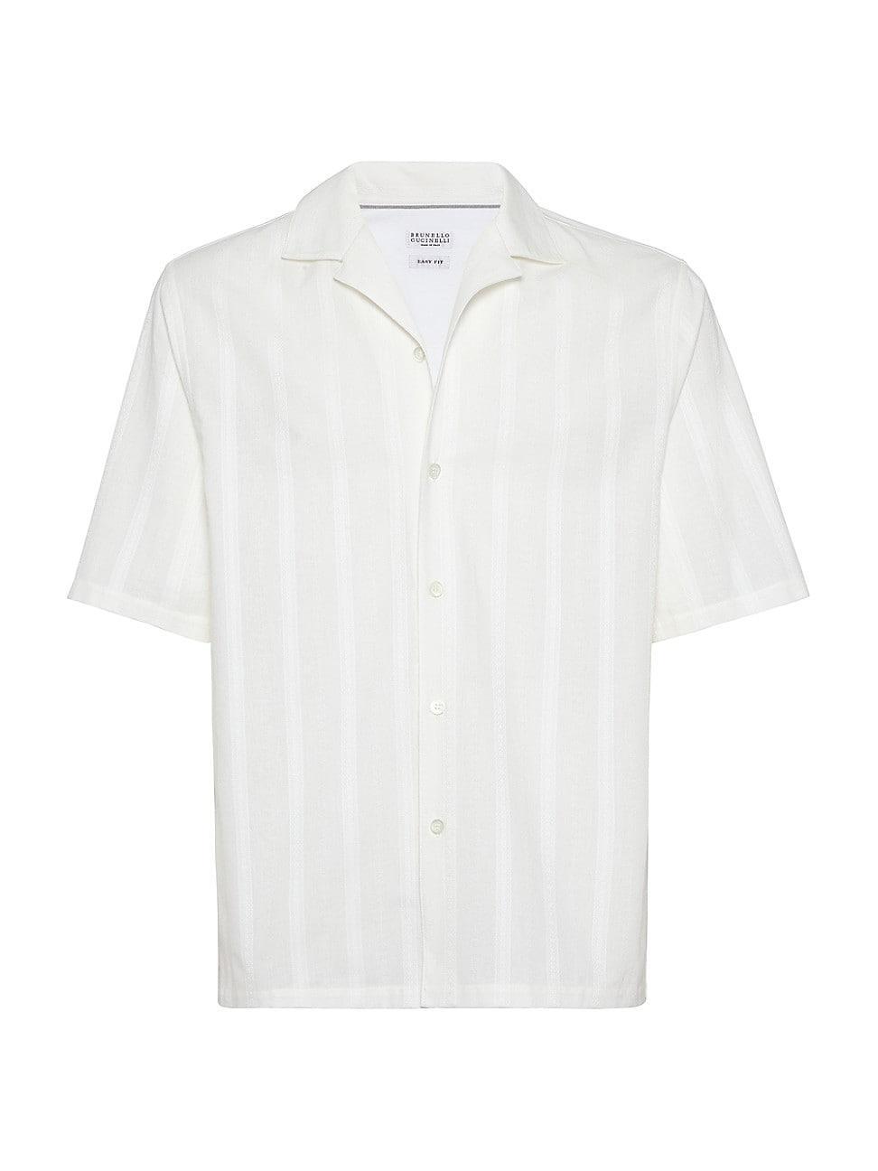 Brunello Cucinelli Easy Fit Textured Stripe Cotton Camp Shirt Product Image