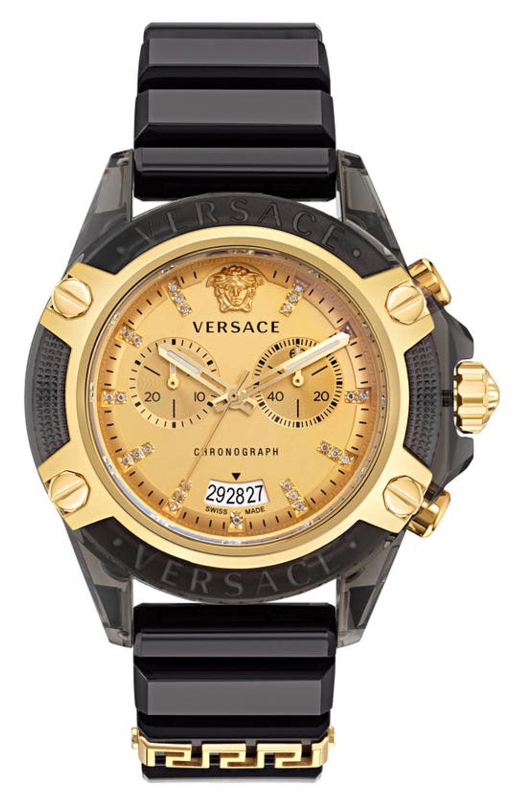 VERSACE Men's Icon Active Swiss Chronograph Diamond (0.15 Ct. T.w.) Black Silicone Strap Watch 44mm In Transparent Black Product Image