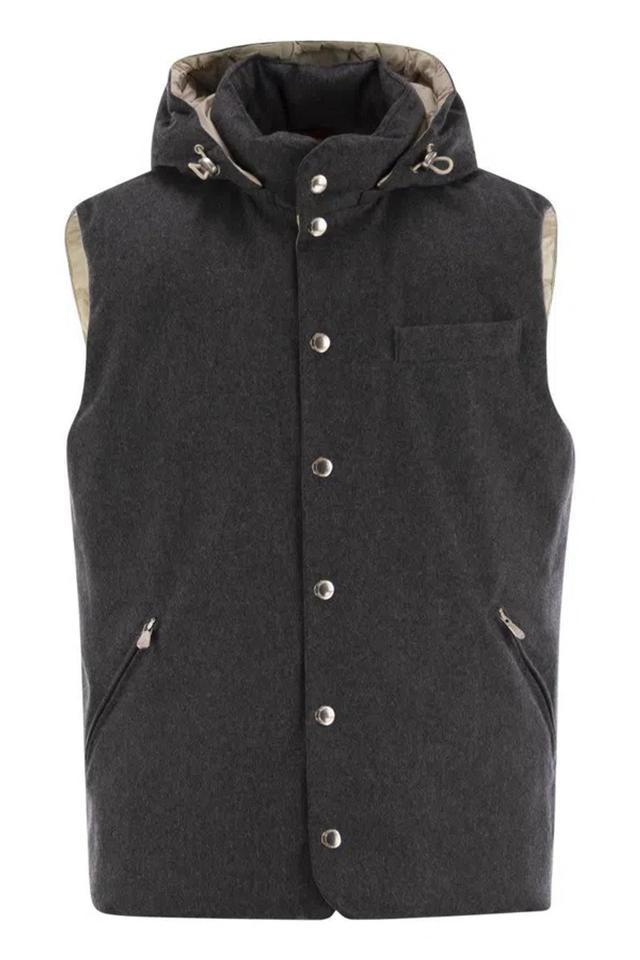 BRUNELLO CUCINELLI Sleeveless Down Jacket In Membraned Wool Flannel With Detachable Hood In Anthracite Product Image