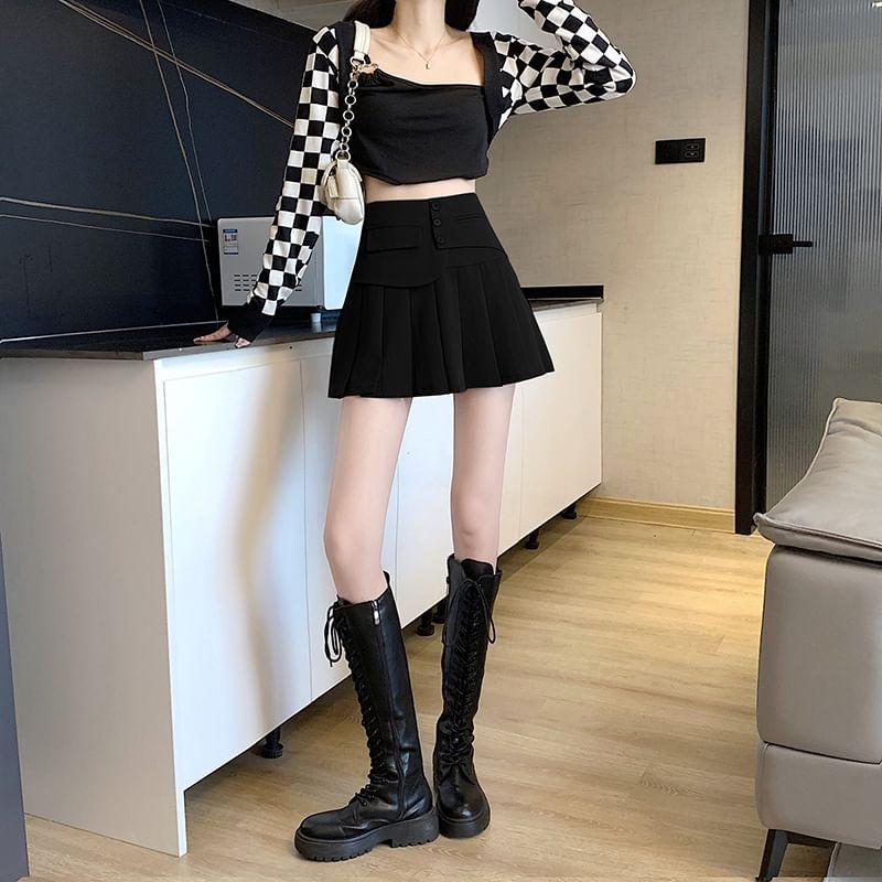 High Rise Plain Asymmetrical Pleated Mini A-Line Skirt Product Image