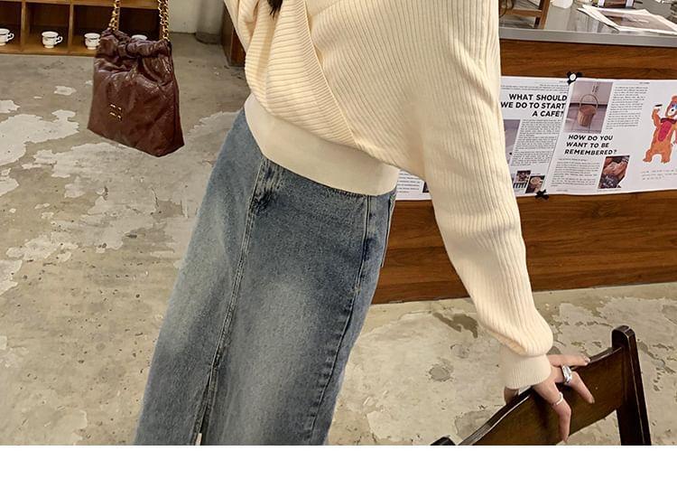 Cold-Shoulder Plain Ribbed Mock Two-Piece Sweater Product Image