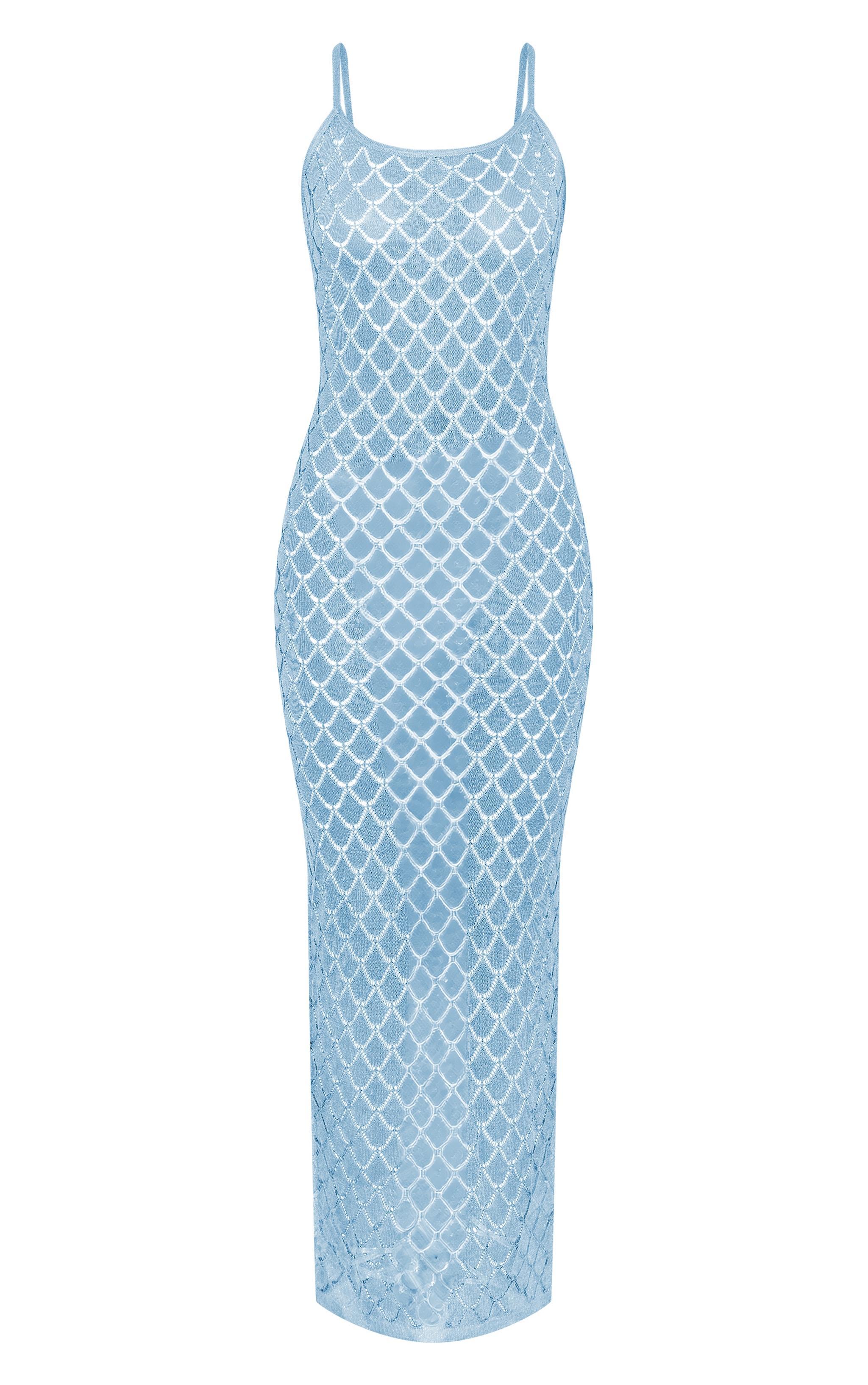 Blue Sheer Glitter Knit Strappy Maxi Dress Product Image