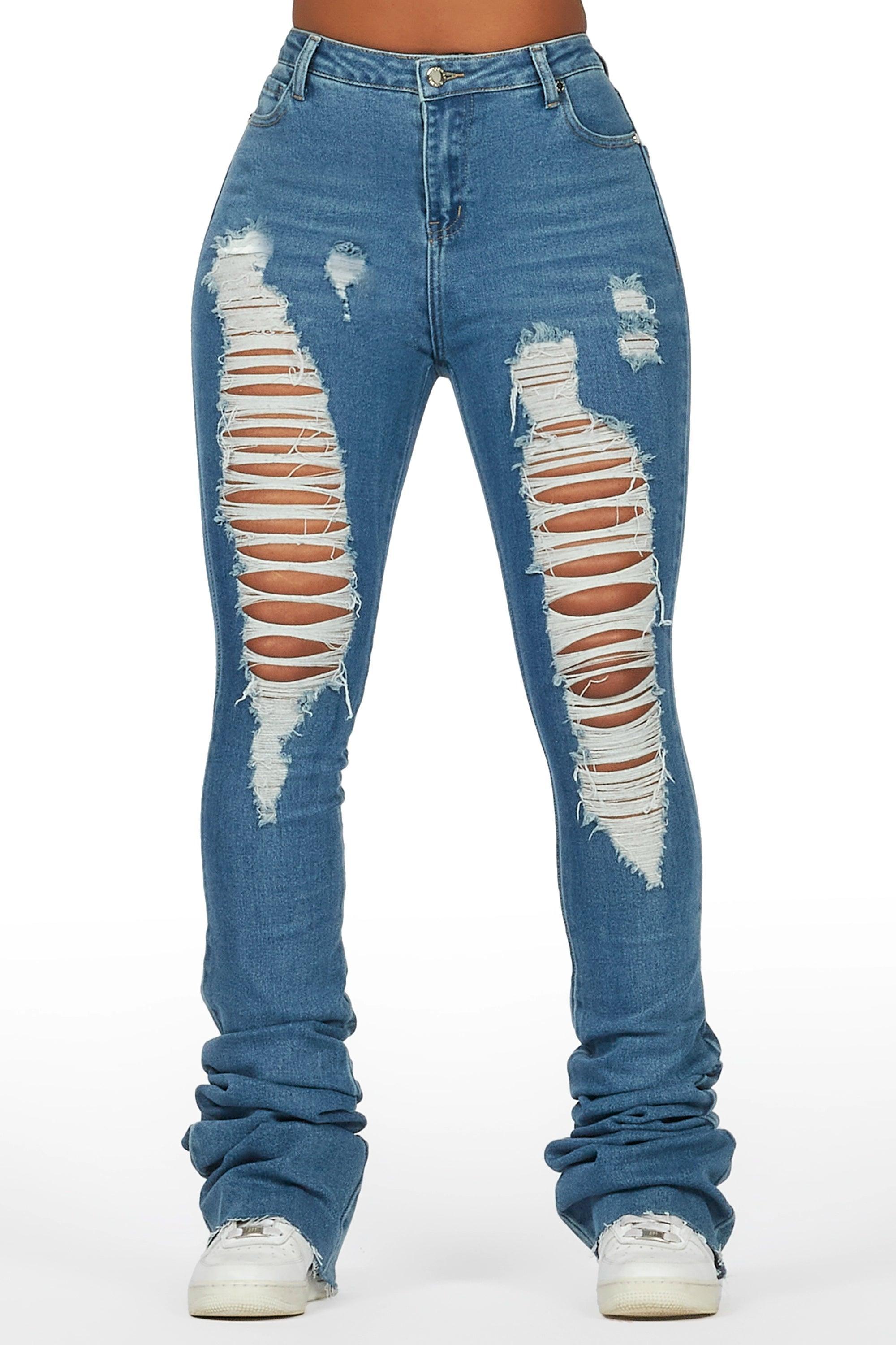 Yours Truly Med. Wash Distressed Super Stacked Jean Female Product Image