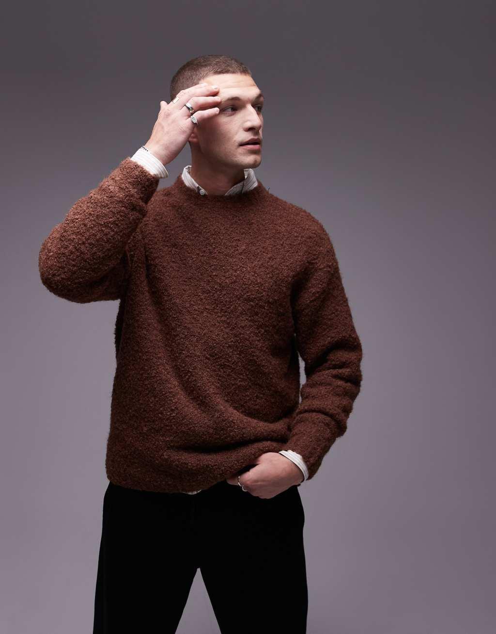 Topman relaxed fit boucle sweater in brown Product Image