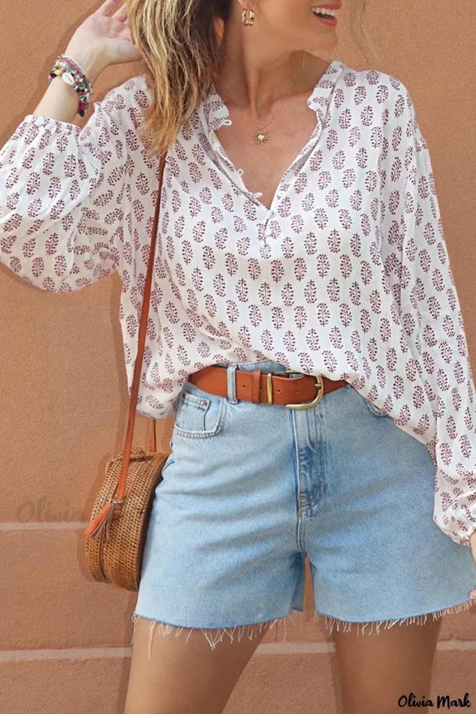 Olivia Mark – Classic White Boho Print Long Sleeve Button-Up Blouse Product Image