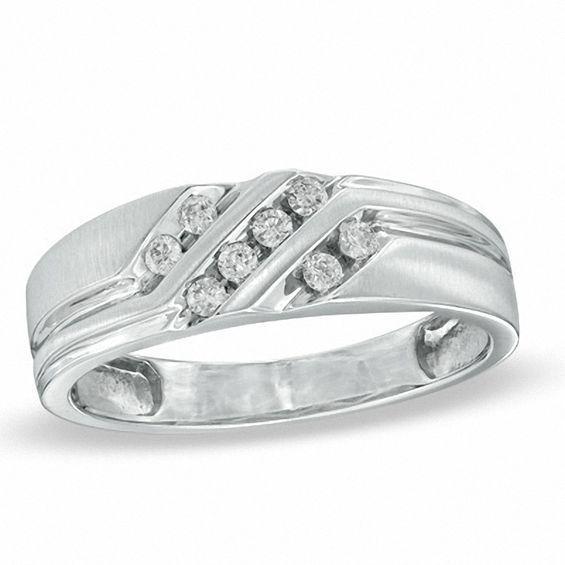 Men's 1/5 CT. T.w. Diamond Slant Wedding Band in 10K White Gold Product Image