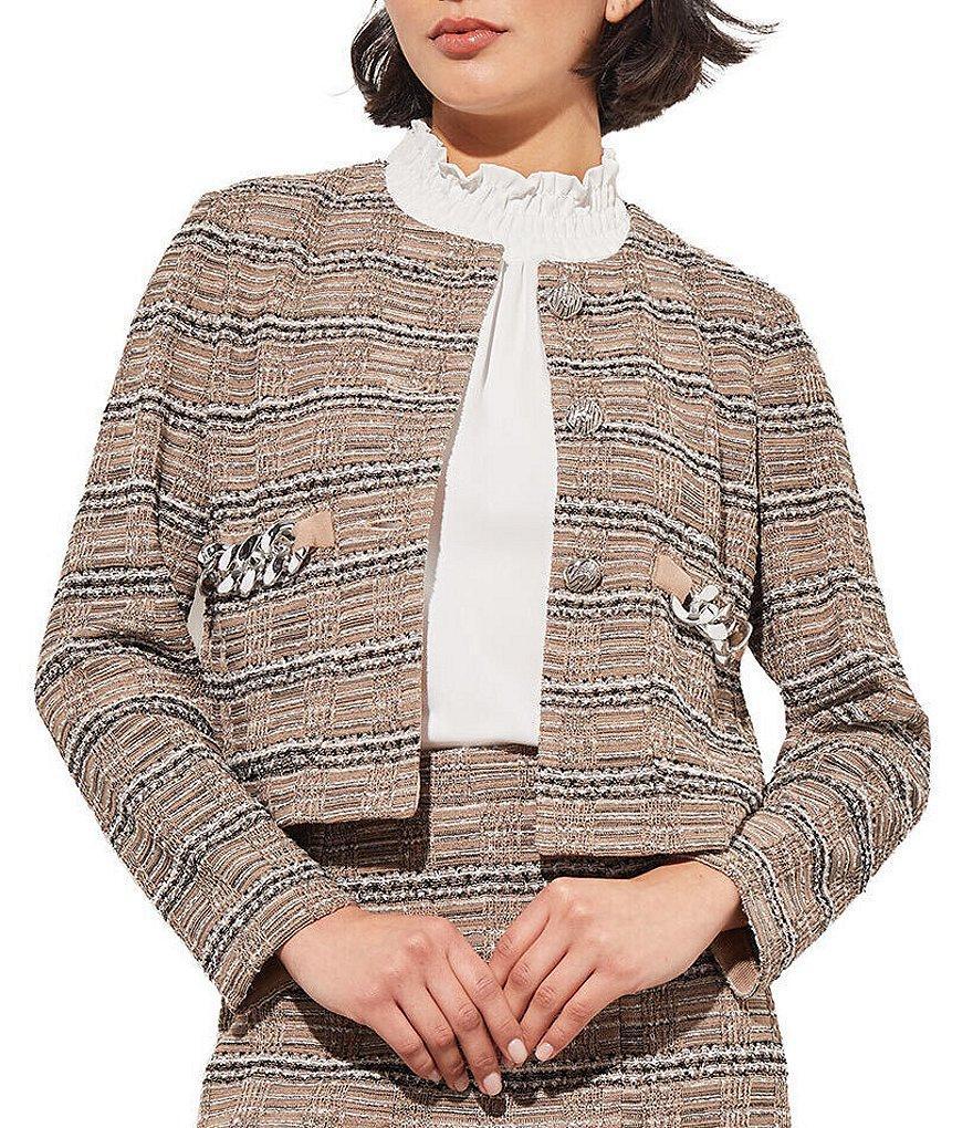 Ming Wang Tweed Round Neck Chain Pocket Detail Cropped Jacket Product Image