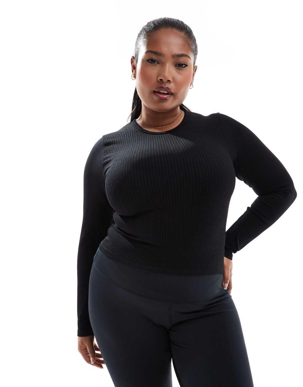 ASOS 4505 Icon Curve seamless rib long sleeve top in black Product Image