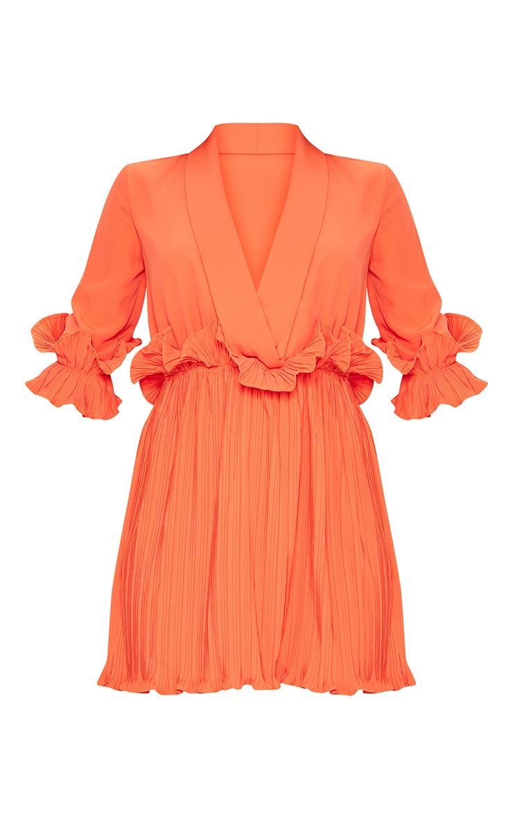 Bright Orange Frill Detail Pleated Skater Dress Product Image