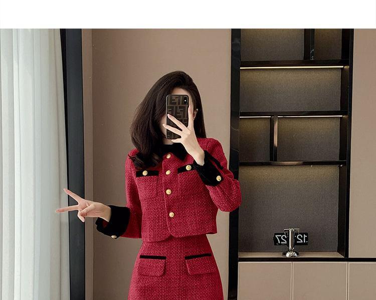 Set: Collared Panel Tweed Button Jacket + High Waist Mini A-Line Skirt Product Image