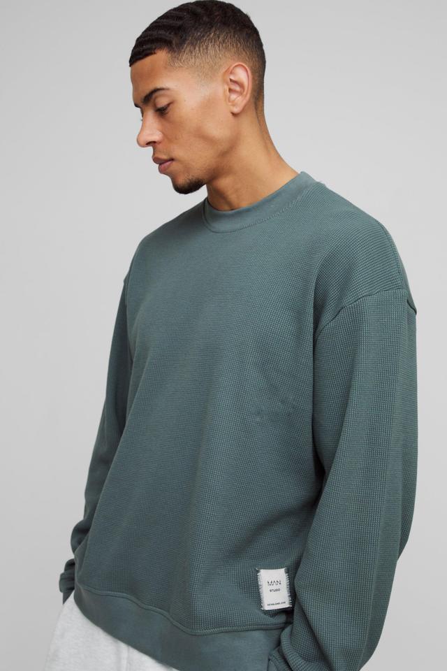 Extended Neck Boxy Man Woven Tab Waffle Sweatshirt | boohooMAN USA Product Image