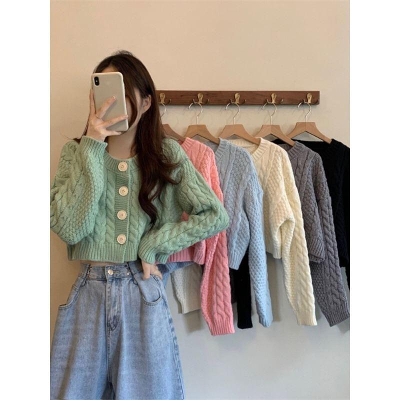 Round Neck Plain Cable Knit Cardigan Product Image