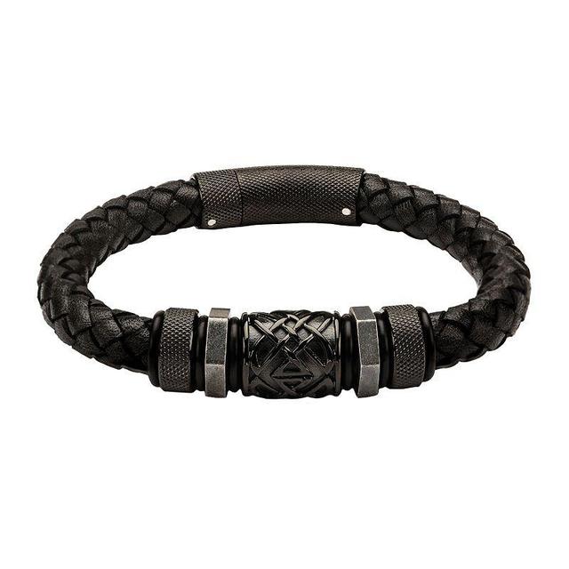 Mens Black Stainless Steel Braided Black Leather Bracelet Product Image