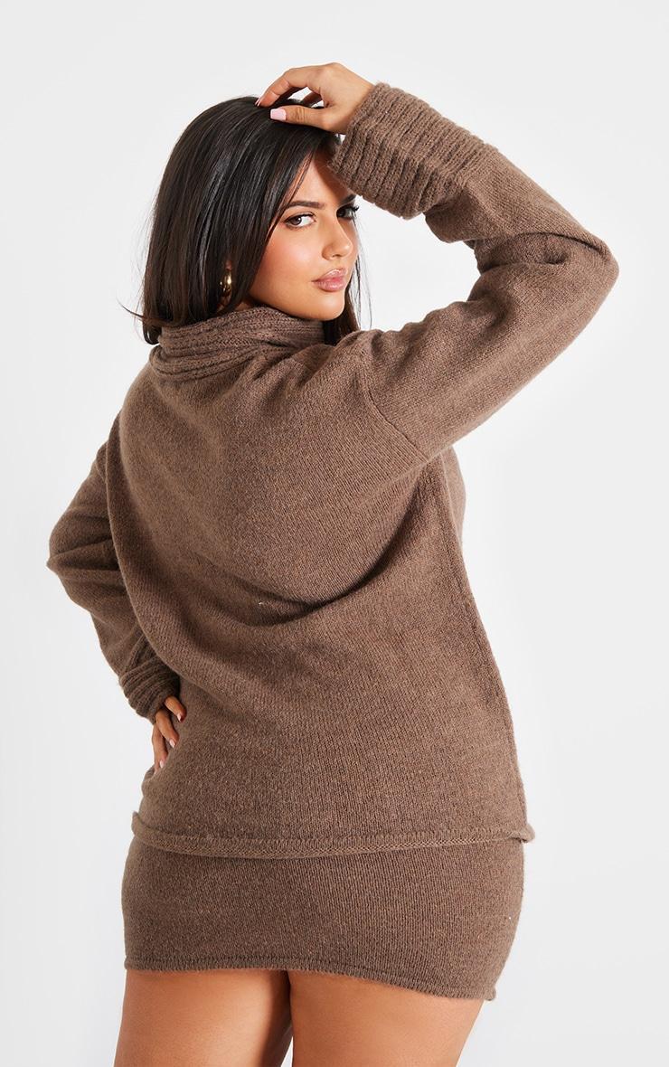 Plus Chocolate Textured Knit Roll Neck Oversized Sweater Product Image