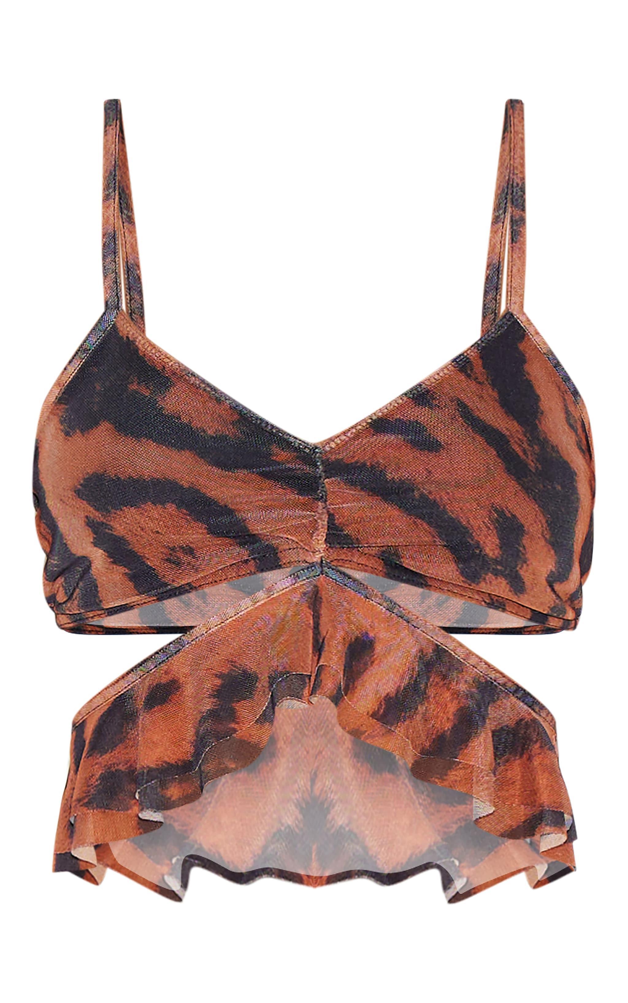 Brown Animal Printed Mesh Frill Wrap Detail Crop Top Product Image