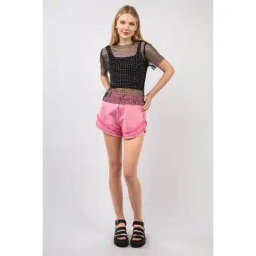 Pink Frayed Layered Washed Cotton Twill Denim Shorts Product Image