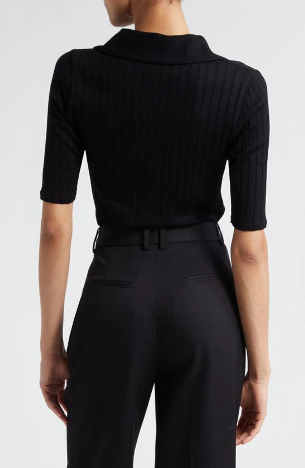 Elbow-sleeve Silk Rib Polo Shirt In Black Product Image